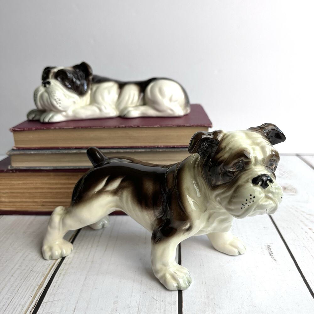 Pair of VTG English Bulldog Figurines Brown White MM Napcoware Japan 60s 6" Long